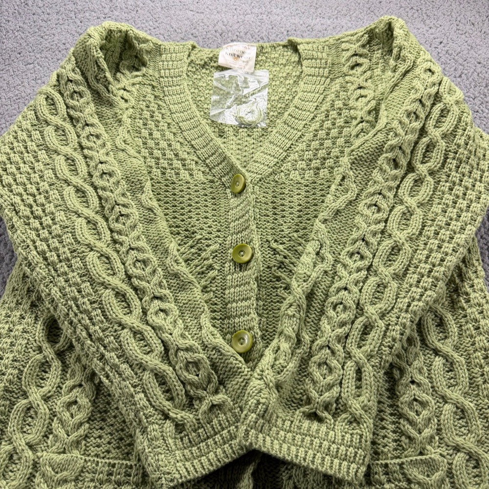 Kilronan Knitwear Merino Wool Aran Cable Knit Cardigan Green Ireland Womens L